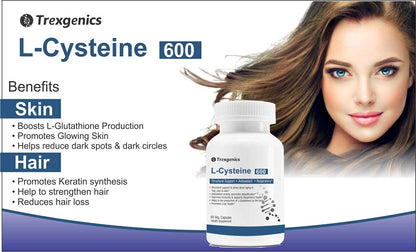 Trexegenics L-Cysteine 600 supplement bottle with a woman's face and product benefits listed.