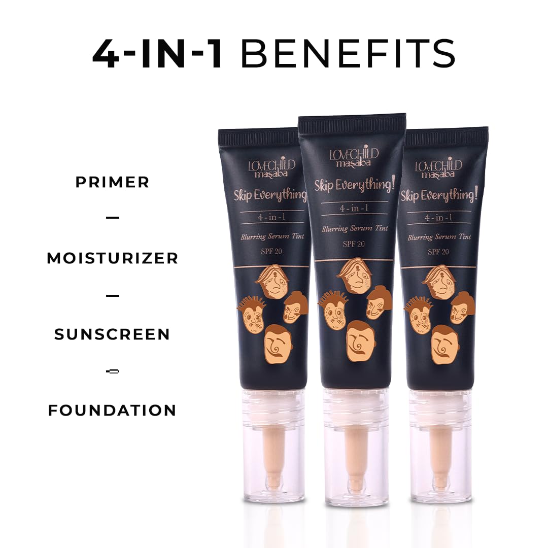 Lovechild Masaba Skip Everything Serum Skin Tint SPF 20- Pocket Edition, Liquid Foundation for all Skin type, Primer, Moisturizer, Sunscreen & Foundation In One, Icy You 10 ml