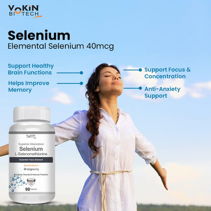 Vokin Biotech Selenium supplement bottle with a woman in a white shirt against a blue sky background