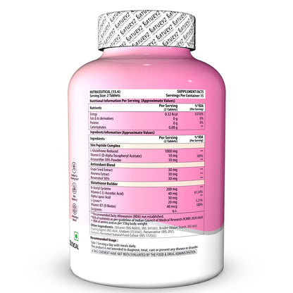 Pink supplement bottle with nutritional information on a white background