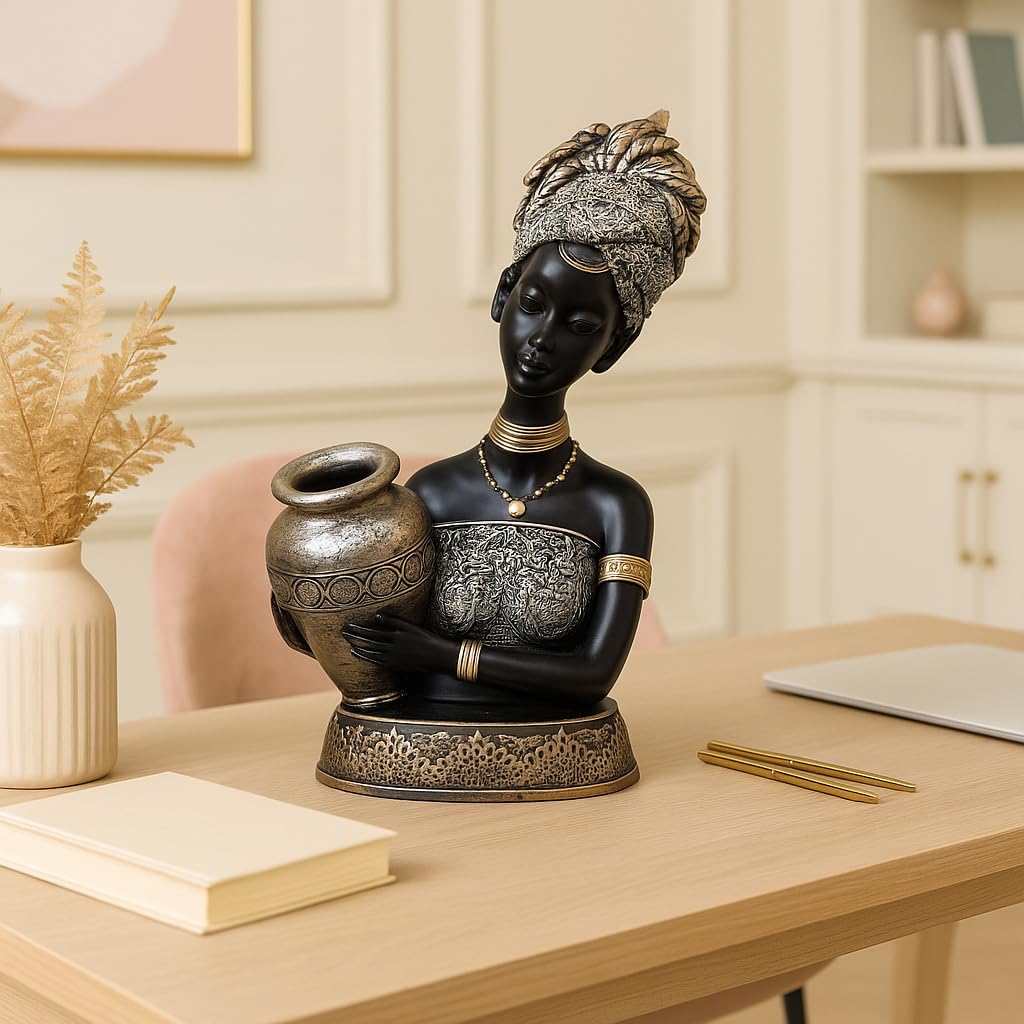 African Lady Statue with Pot for Table Décor | Home Décor (Pack of 1, Black,Silver & Golden)