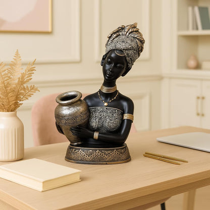 African Lady Statue with Pot for Table Décor | Home Décor (Pack of 1, Black,Silver & Golden)