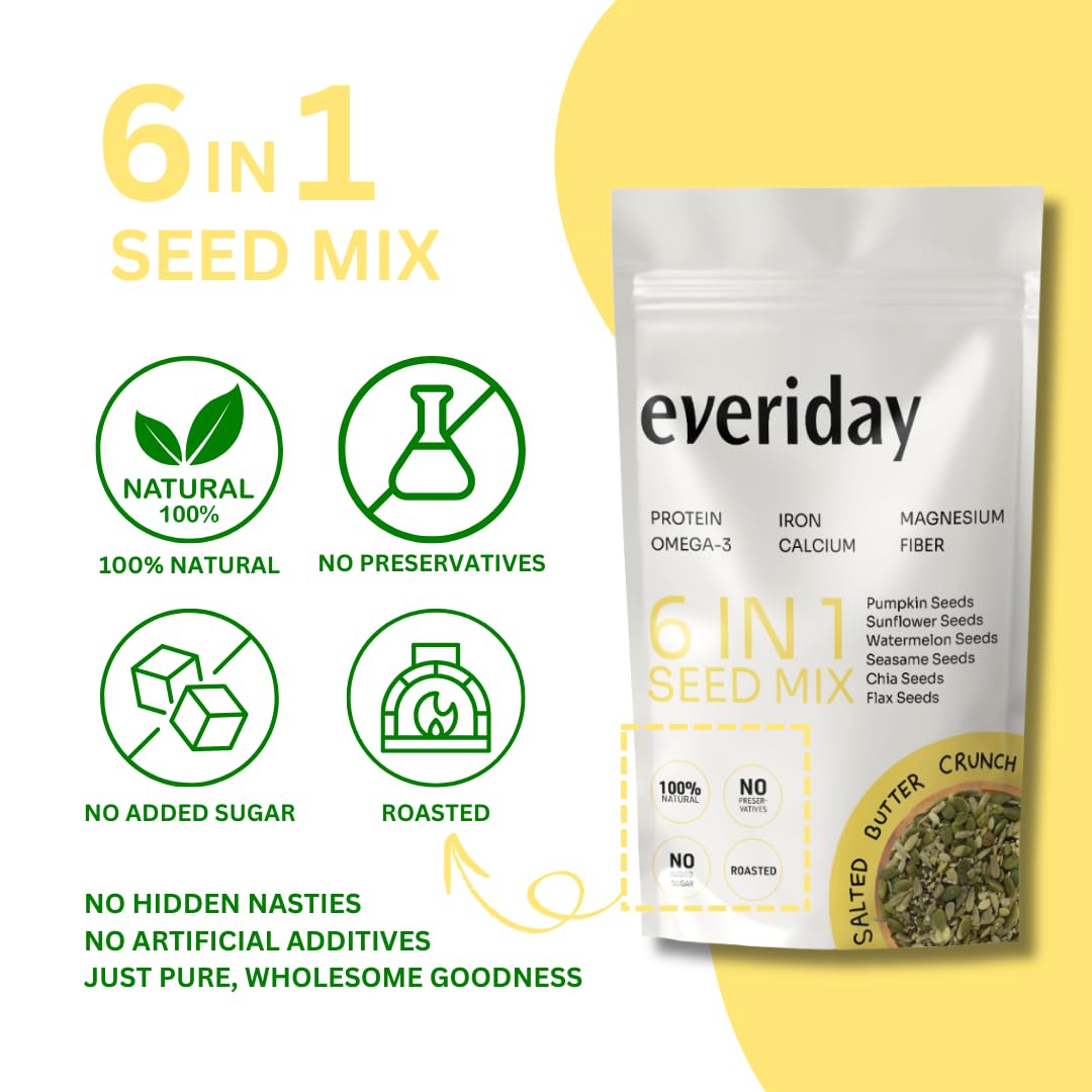 Everiday Salted Butter Crunch Roasted 6-in-1 Super Seed Mix | 250g | Pumpkin, Sunflower, Watermelon, Sesame, Chia & Flax | Healthy Crunchy Snack for Daily Nutrition | High Protein, Fibre & Omega-3 | Vegan & Gluten-Free