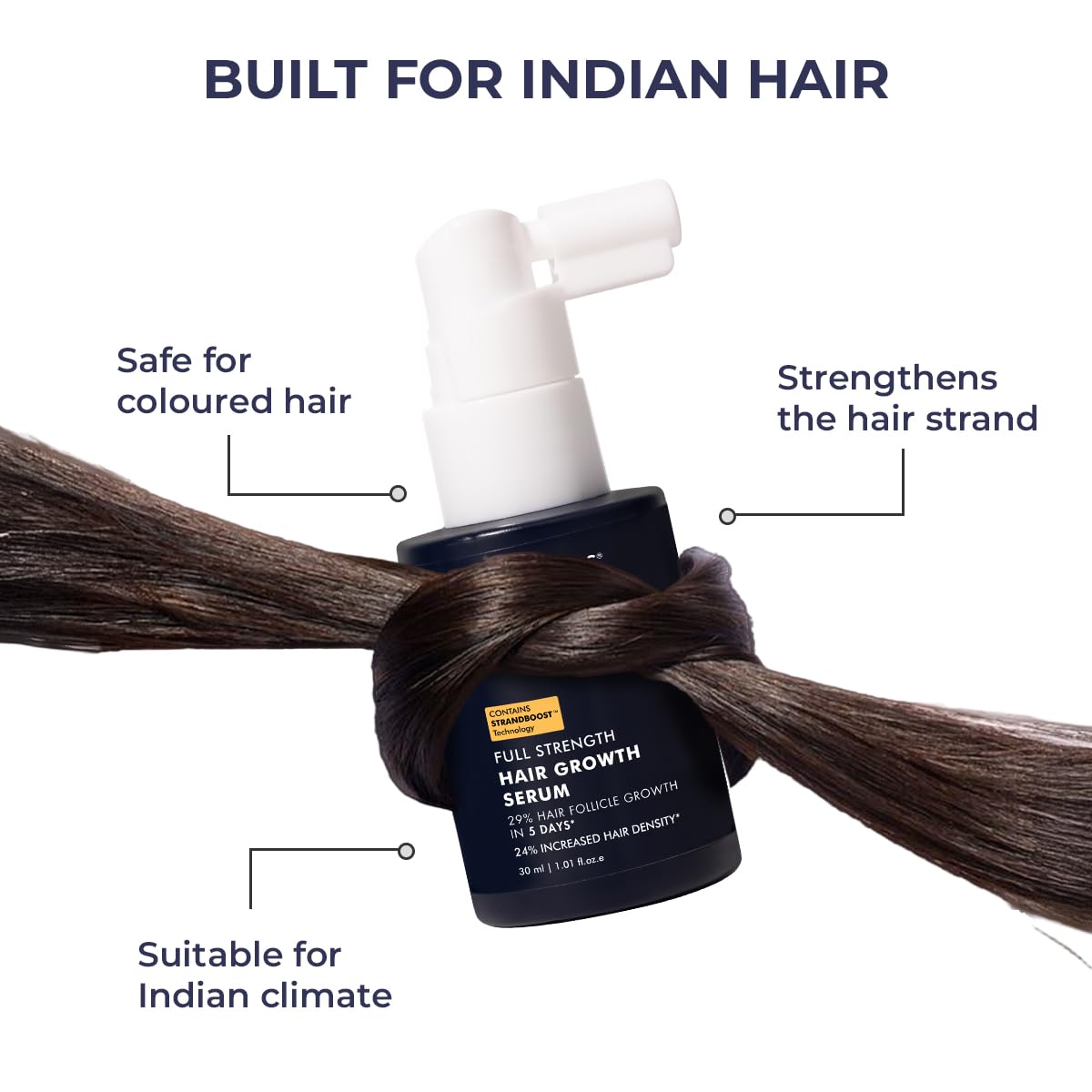 Hair growth serum with text highlighting features for Indian hair