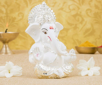 Gold Art India Silver Plated White Ganesha for Car Dashboard Home Decor Gifting Diwali Birthday Festivals 3.5 x 2 Inches