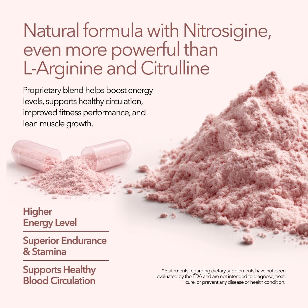 Pink powder and capsules with text about a natural formula on a white background