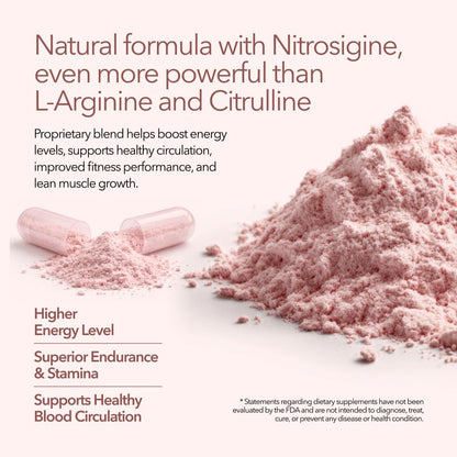 Pink powder and capsules with text about a natural formula on a white background