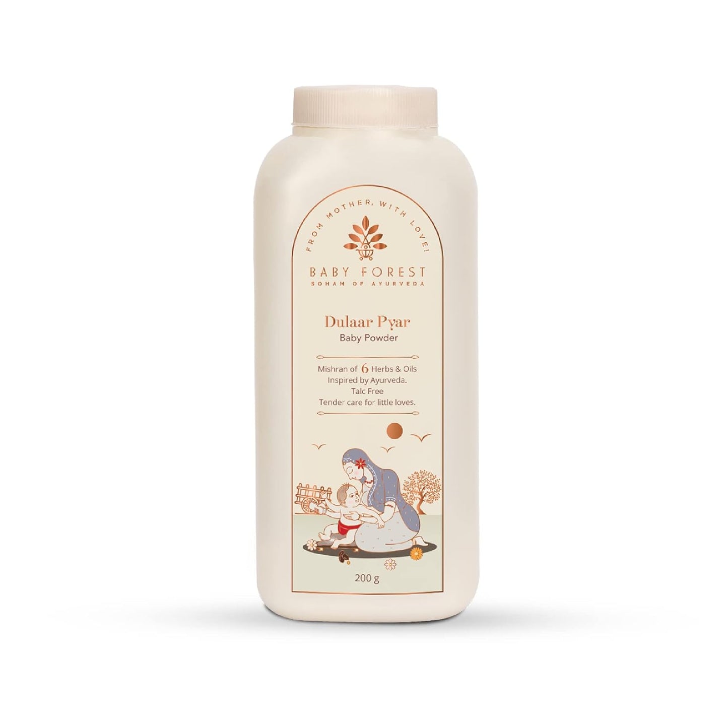 Baby powder bottle with a decorative label on a white background