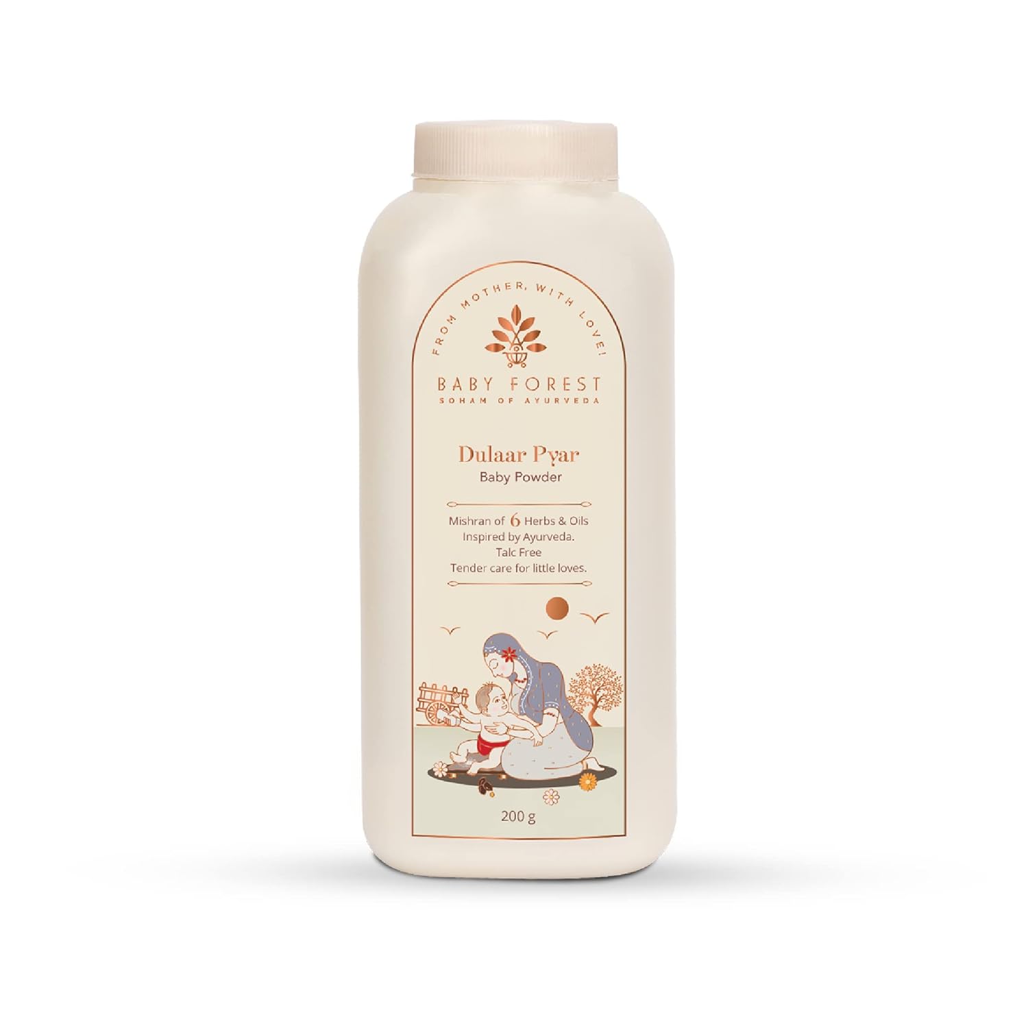 Baby powder bottle with a decorative label on a white background
