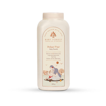 Baby powder bottle with a decorative label on a white background
