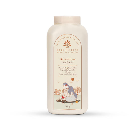 Baby powder bottle with a decorative label on a white background