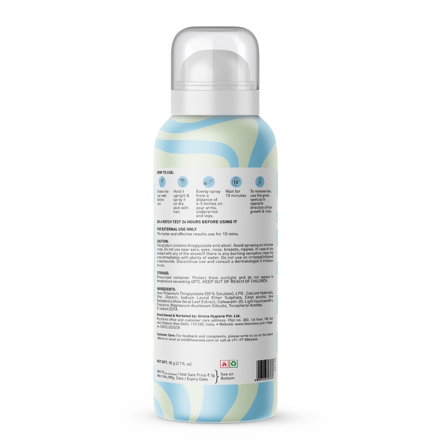 Back view of a spray bottle with a colorful label on a white background