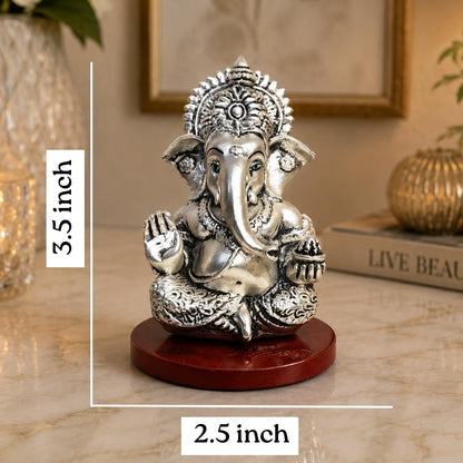 Gold Art India Ganpati Idol with Silver Antique Finish | Ganesha murti for Home Decor | Ganesh Statue for Car Dashboard | Ganpati ji murti for Puja | (MUKUTSILANTIQMATTEMDF) (3.5 x 2.5), Religious