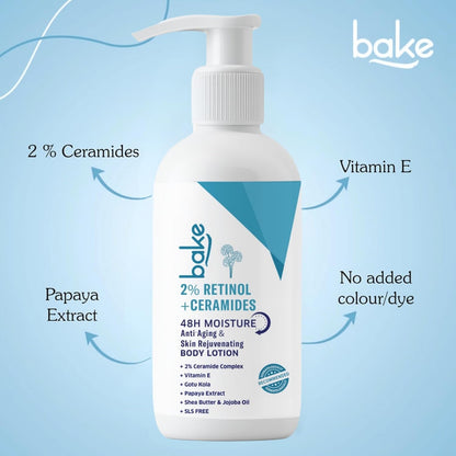 BAKE 2% Retinol + Ceramide Body Lotion for Dry, Aging Skin | Reduce Fine Lines & Wrinkles, Skin Tightening & Boosts Collagen Production | For Women & Men | 200ml