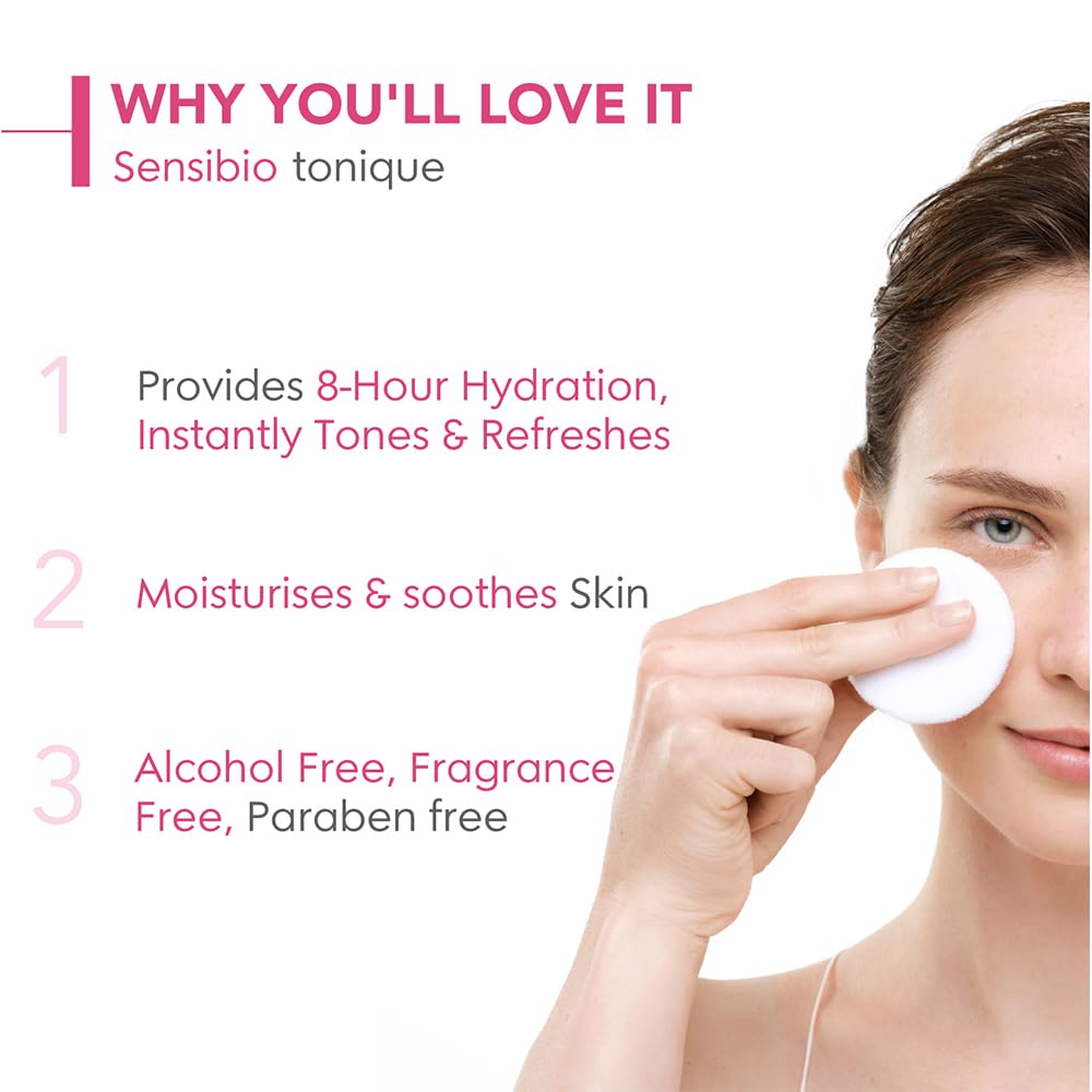 Woman applying toner with text highlighting Sensibio tonique's benefits on a white background