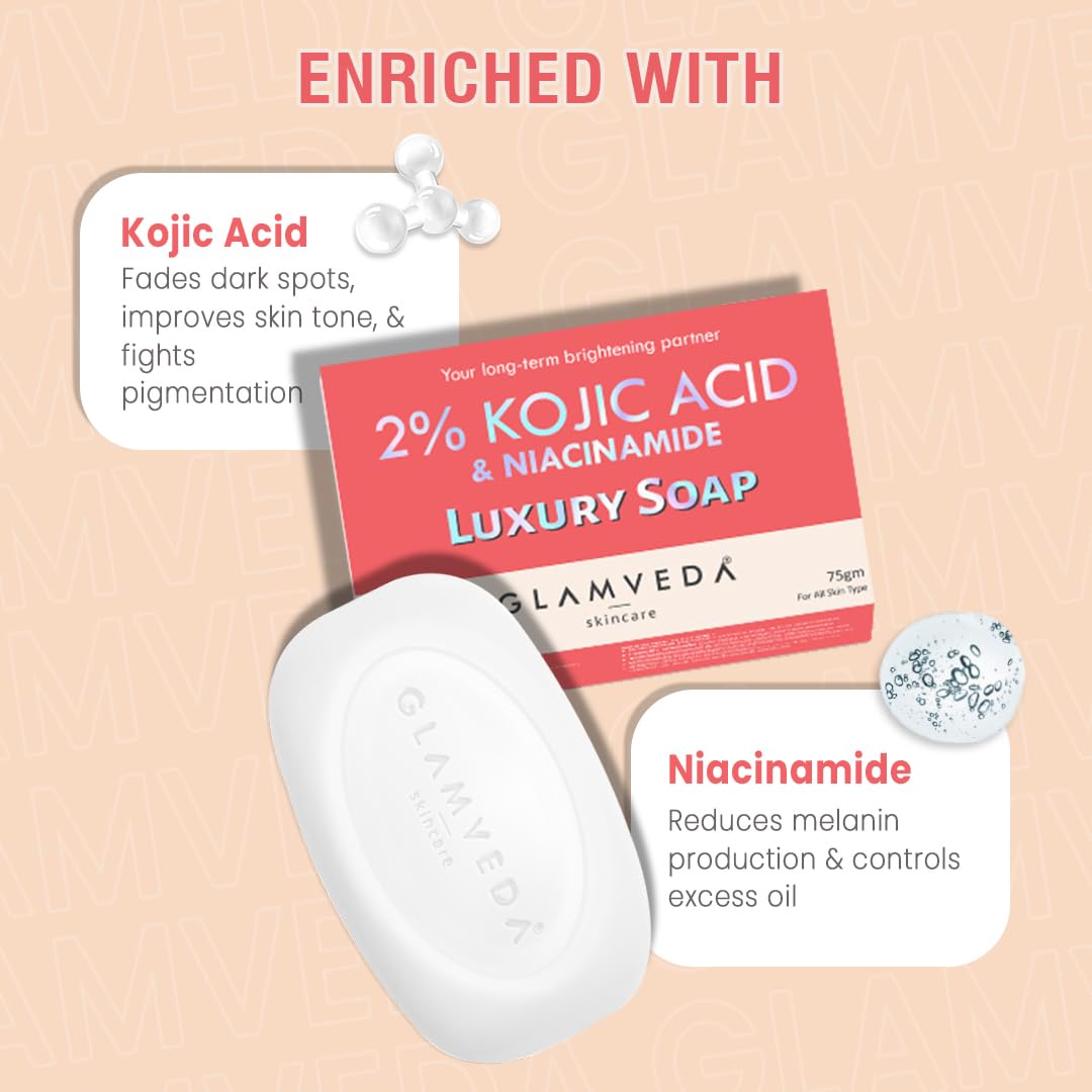 Glamveda 2% Kojic Acid & Niacinamide Luxury Soap with text on a beige background