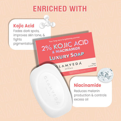 Glamveda 2% Kojic Acid & Niacinamide Luxury Soap with text on a beige background