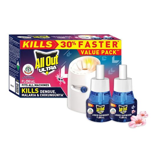 All Out Ultra Floral Liquid Vaporizer, Machine + 2 Refills (45ml each) | Kills Dengue, Malaria & Chikungunya Mosquitoes | India's Only Mosquito Killer Brand Recommended by Indian Medical Association