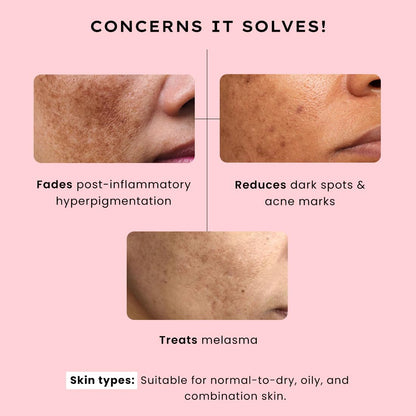 Product advertisement showing skin before and after use with text on a pink background