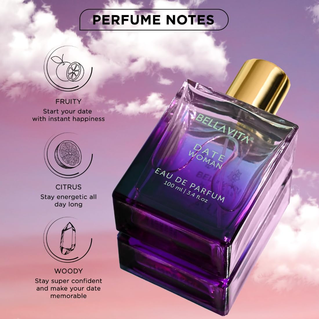 Bella Vita Date Woman perfume bottle with flavor notes on a pink and purple gradient background