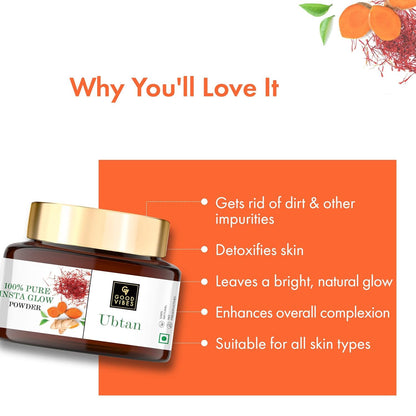 Good Vibes Ubtan 100% Pure Insta Glow Powder, 150 g | Detoxifying Cleansing Brightening Face Pack Powder For All Skin Types | With Turmeric, Saffron, Gram Flour | No Parabens, Sulphates & Mineral Oil