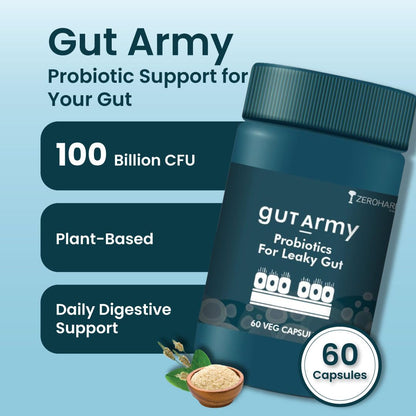 ZEROHARM Gut Army Probiotics For Leaky Gut | Gut Repair Supplements for Men & Women | L Reuteri, Lactobacillus | Supports Gastrointestinal Lining, Gut Cleanse & Digestion | 60 Veg Capsules