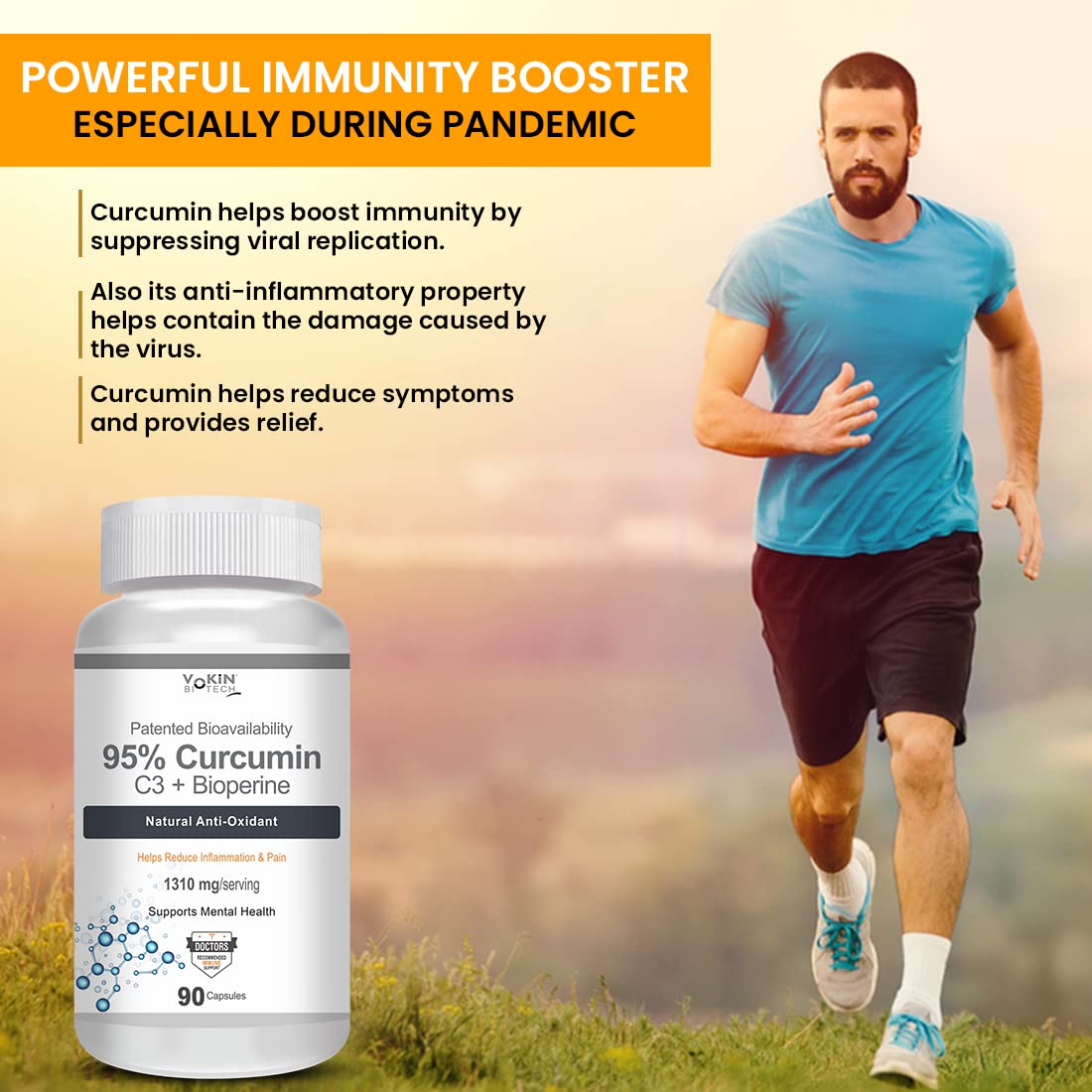 Bottle of 95% Curcumin supplement with a man running in the background