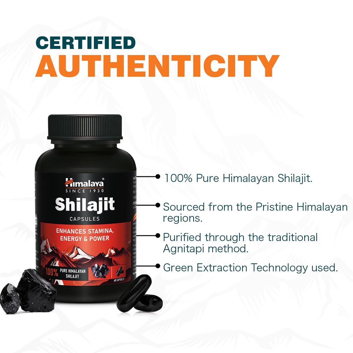 Himalaya Shilajit capsules with certification of authenticity text on a white background