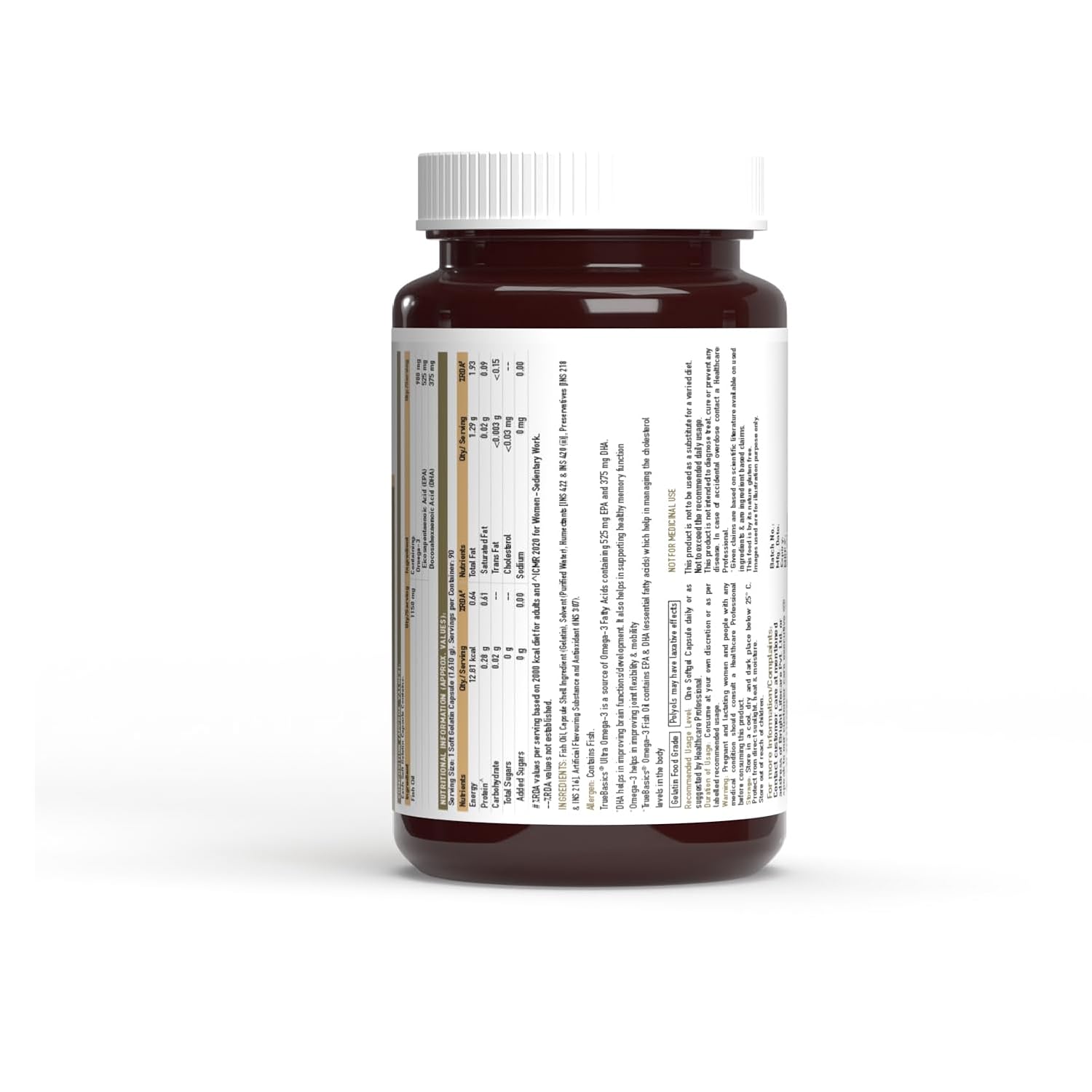 Brown supplement bottle with white label on a white background