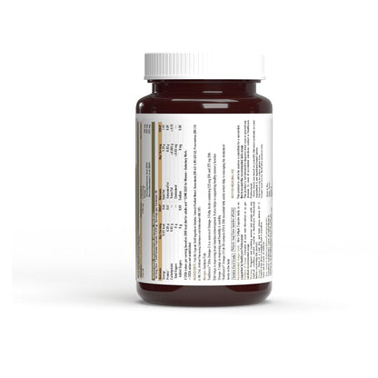 Brown supplement bottle with white label on a white background