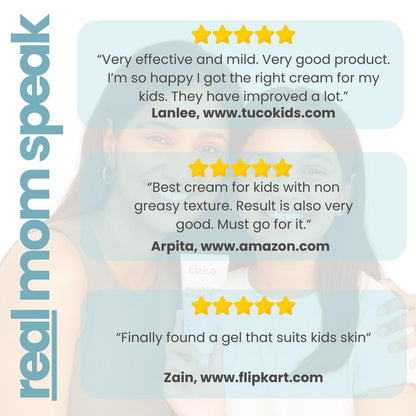 Product review text overlay on a blurred background with 'real mom speak' branding.