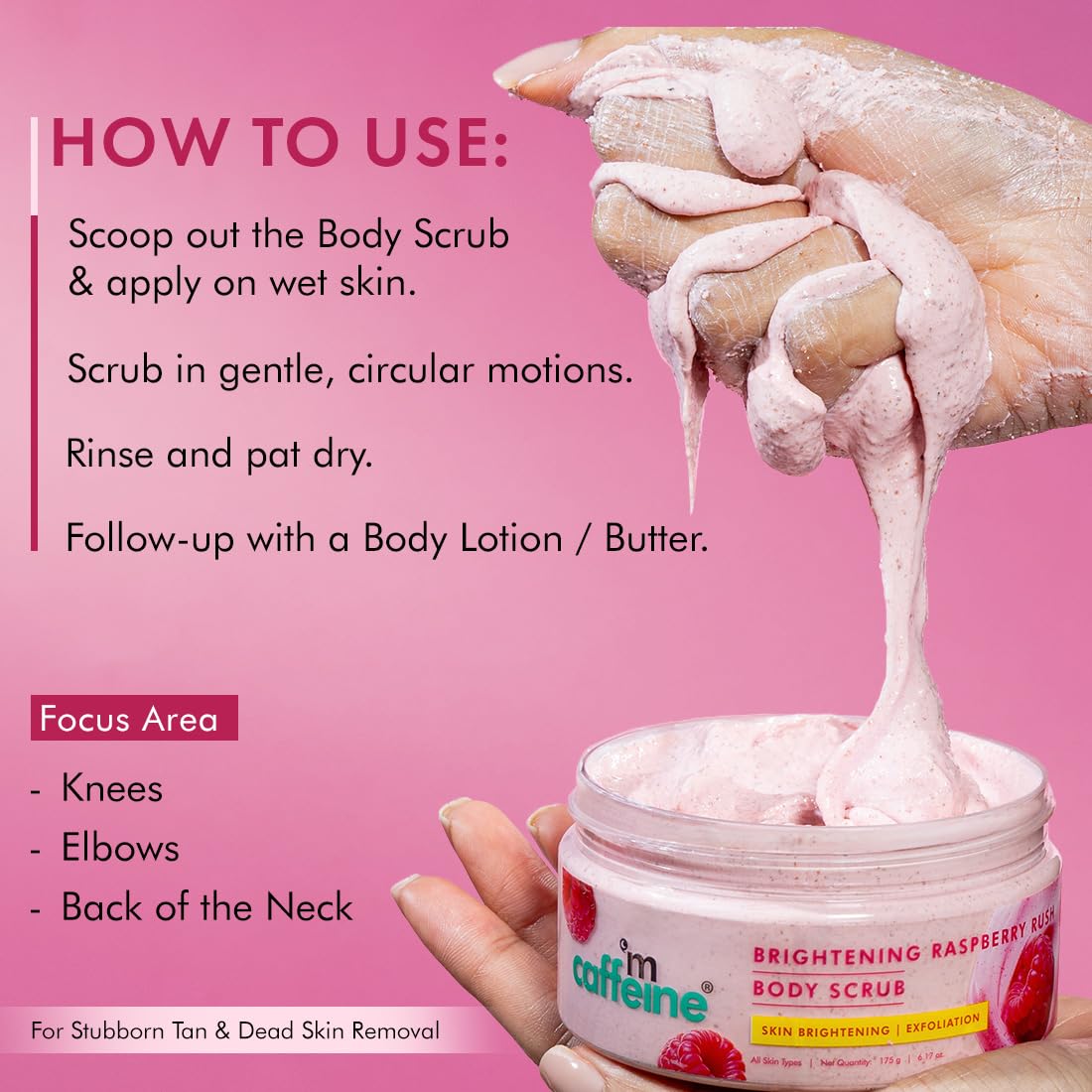 Body scrub with application instructions on a pink background