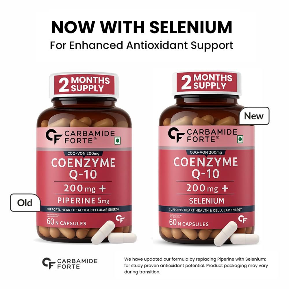 Two bottles of Carbamide Forte Coenzyme Q-10 with added selenium, labeled 'Old' and 'New'.