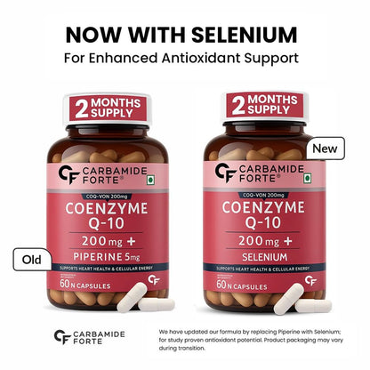 Two bottles of Carbamide Forte Coenzyme Q-10 with added selenium, labeled 'Old' and 'New'.
