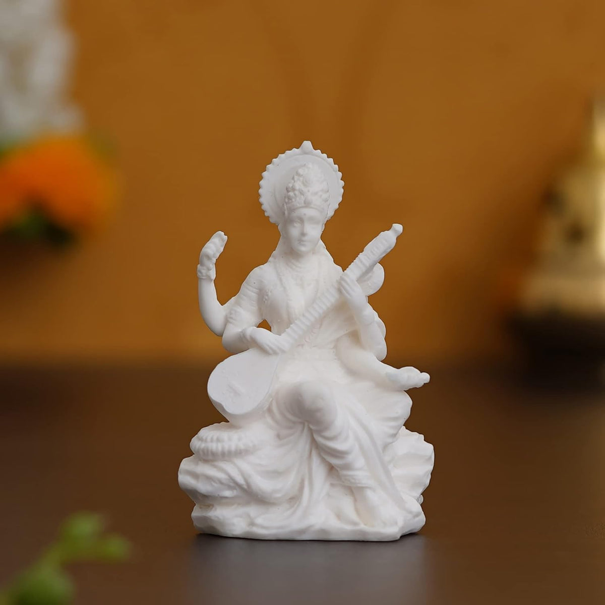 White Resin Goddess Saraswati Idol Playing Veena|Saraswati Murti for Home Temple Pooja Room Study Table School Library|Saraswati Statue Hindu Goddess of Knowledge Music Art Wisdom Learning