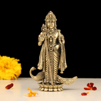 Brass 4" Lord Murugan Statue | Handcrafted Standing Kartikeya Murti Hindu God Idol Figurine Perfect for Decoration Puja & Gifting Purpose Sculpture (Weight_110gm)