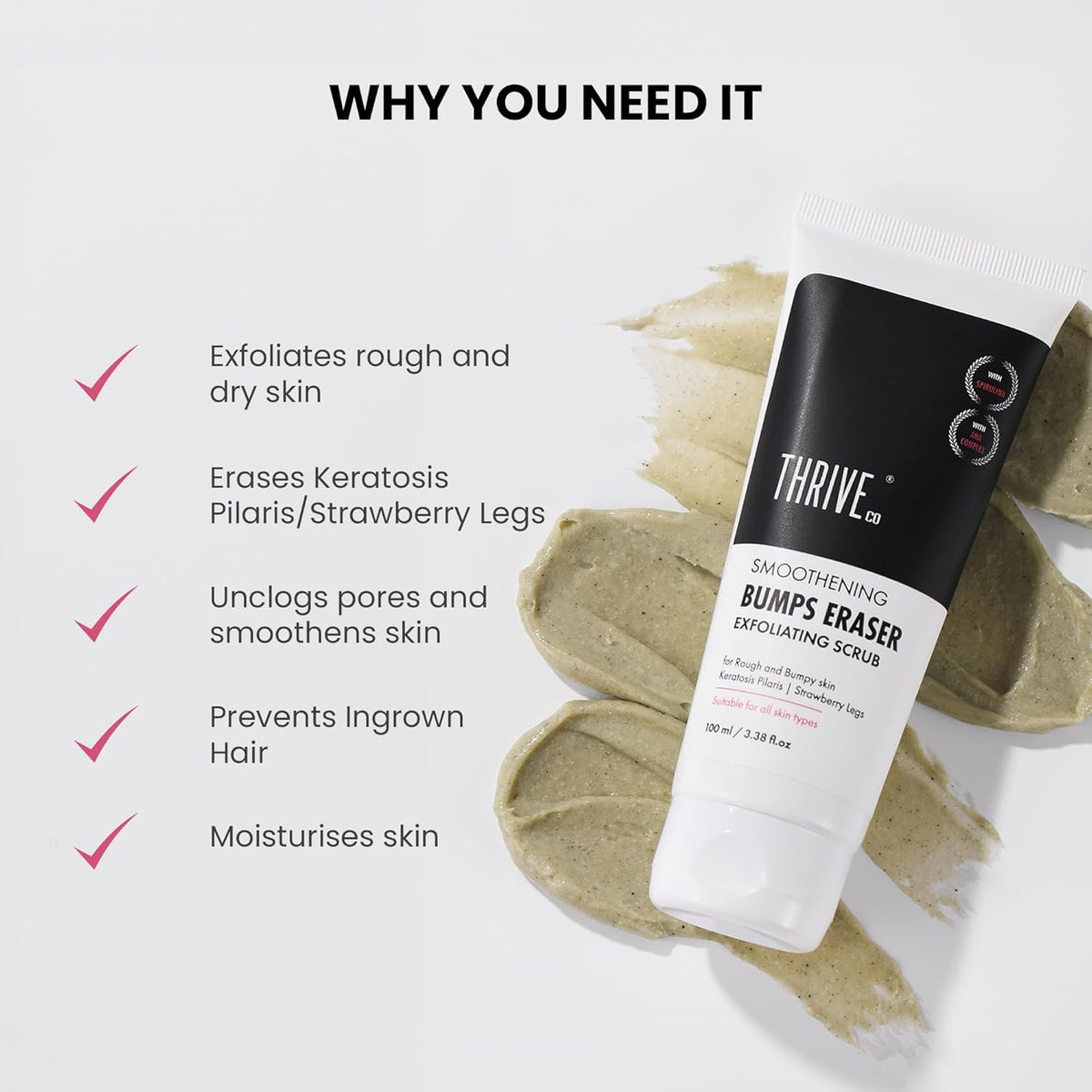 Thrive Bumps Eraser exfoliating scrub with benefits listed on a white background