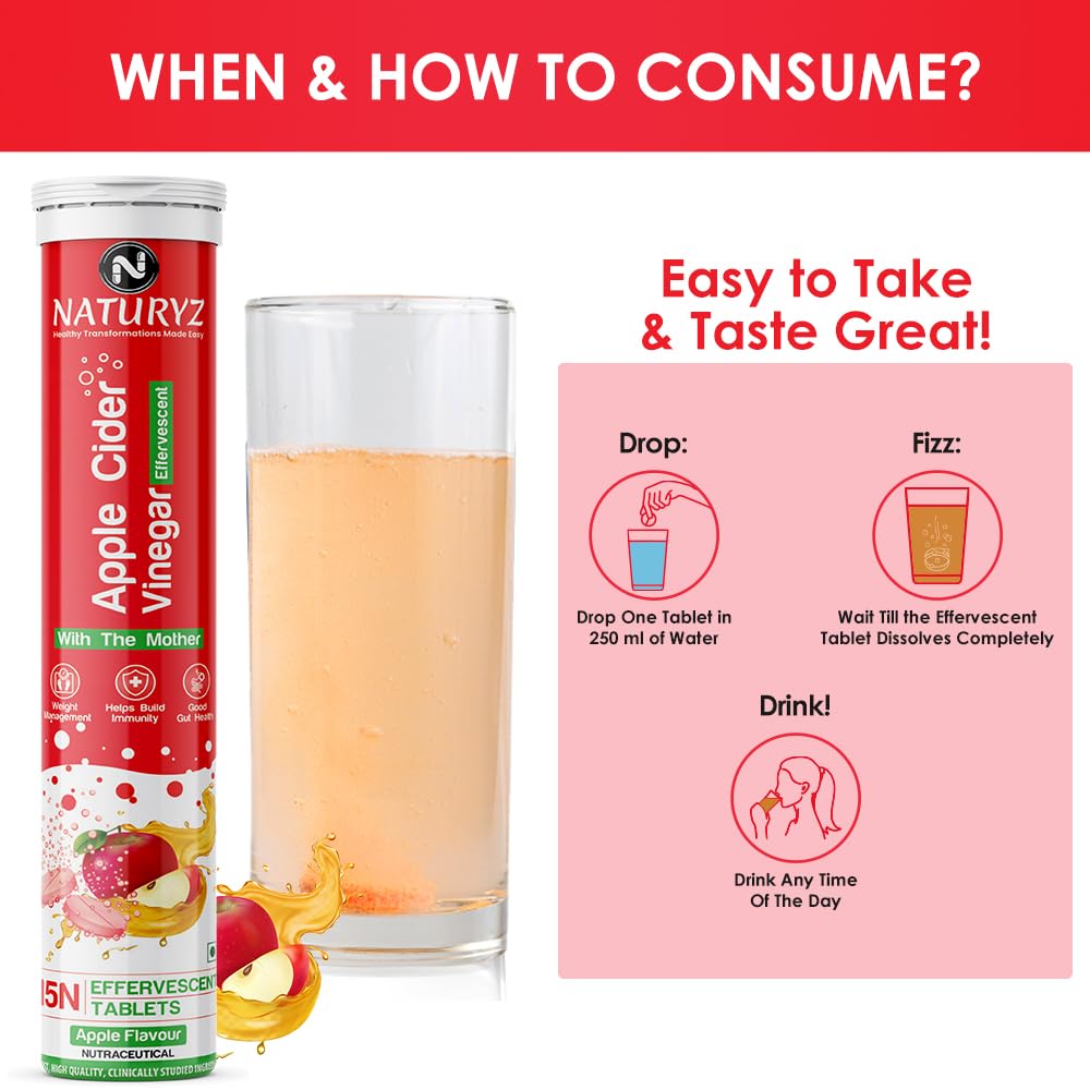 Naturyz Apple Cider Vinegar with the Mother packaging, glass of liquid, and consumption instructions on a red and white background.