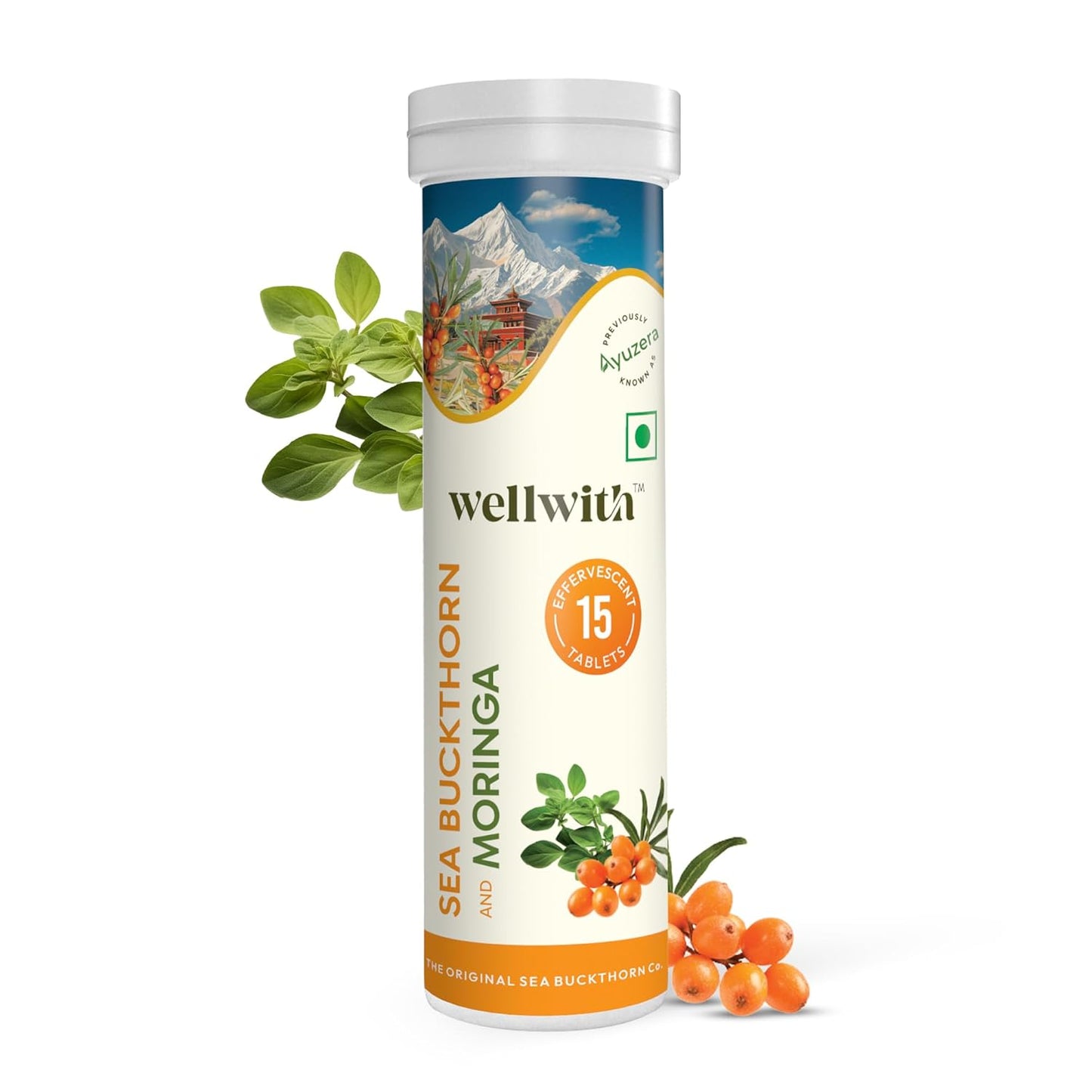 Wellwith Seabuckthorn + Moringa Effervescent Tablets | Immunity & Antioxidant Support | Natural Vitamin C & Iron | Vegan, Sugar-Free, Refreshing Orange Flavour | 15 Tablets (Pack of 1)