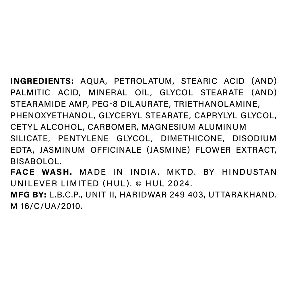 List of ingredients for a face wash with brand information on a white background