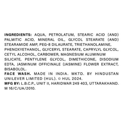 List of ingredients for a face wash with brand information on a white background