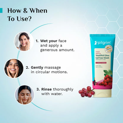 Pilgrim French Red Vine Face Wash with Vitamin C & goodness of Aloe for Anti Ageing & Dark Spots |Face wash for dry skin | Face cleanser for dry skin | Men and Women|100ml