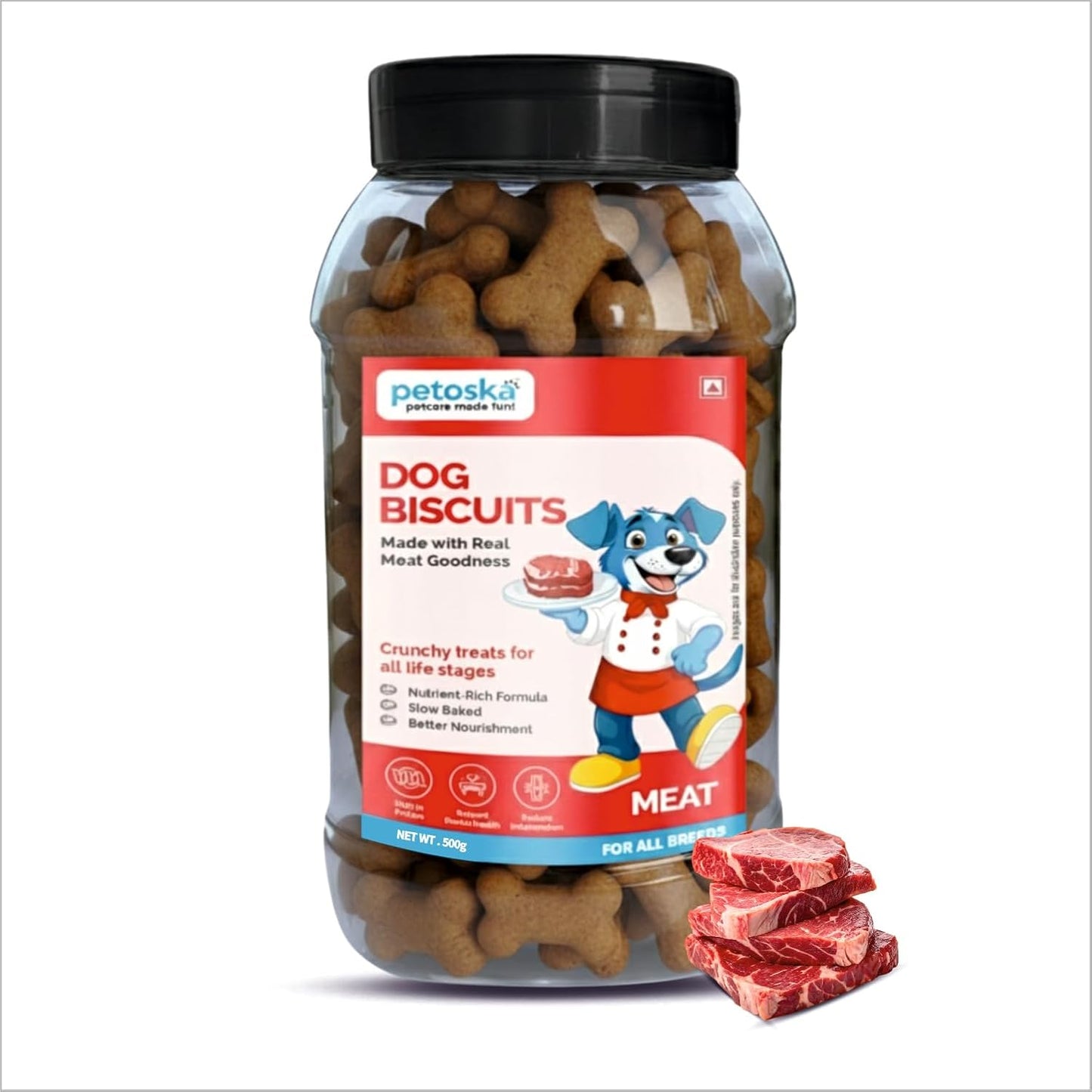 Petoska Dog Biscuits | Made with Real Mutton Goodness | 500g Jar |Crunchy Treats for Small, Medium & Large Dogs | 300 kcal/100g | Complementary Dog Food | Delicious Meat-Flavoured Biscuits