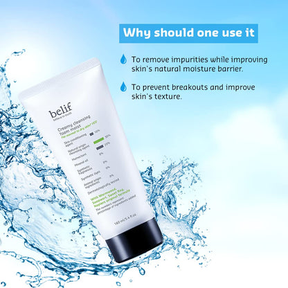 Tube of belif cleansing foam with water splashes and text on a blue background
