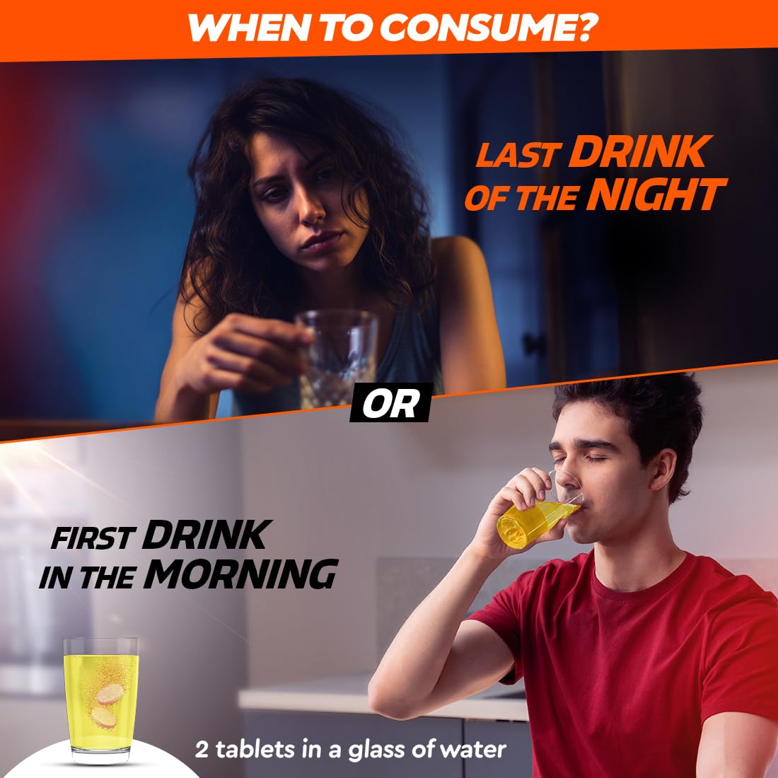 Two people drinking, with text about when to consume a product.