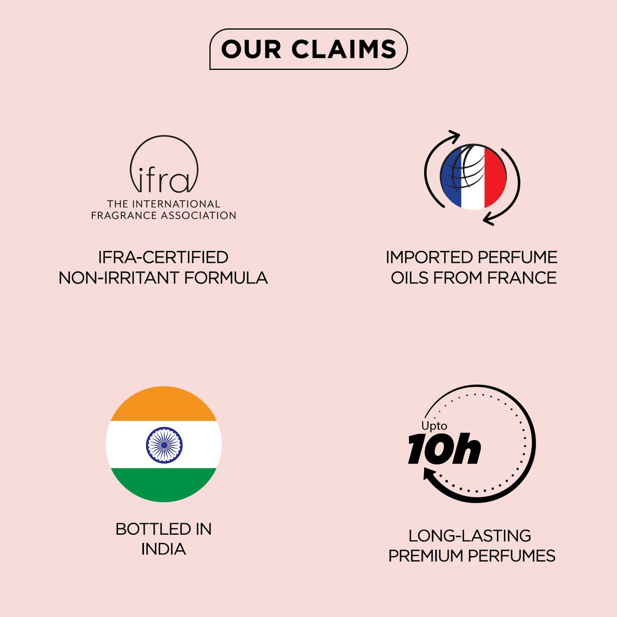 List of product claims with icons and text on a pink background