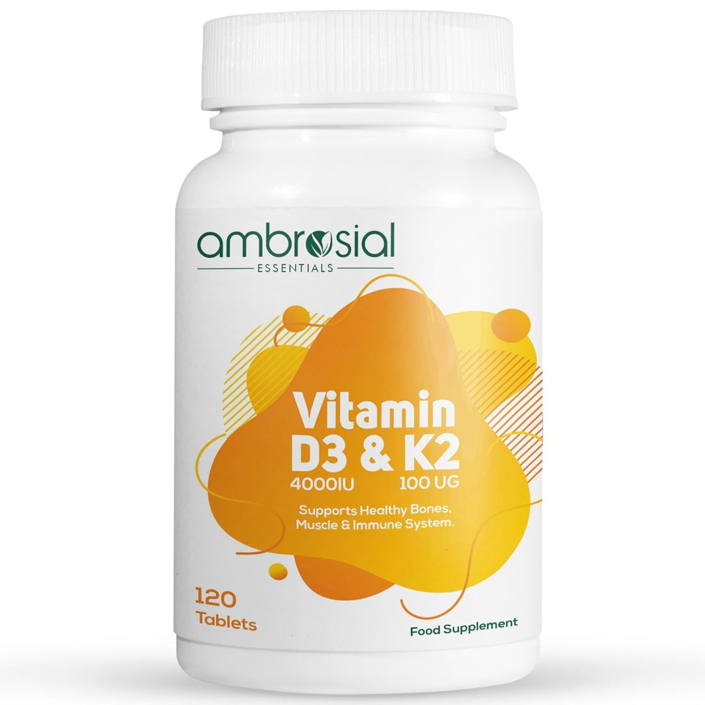 Ambrosial Vitamin D3 & K2 Tablets 4000IU Vitamin D3 + 100µg K2 MK-7 for Healthy Bones, Muscles, and to Support The Immune System - 120 Tablets