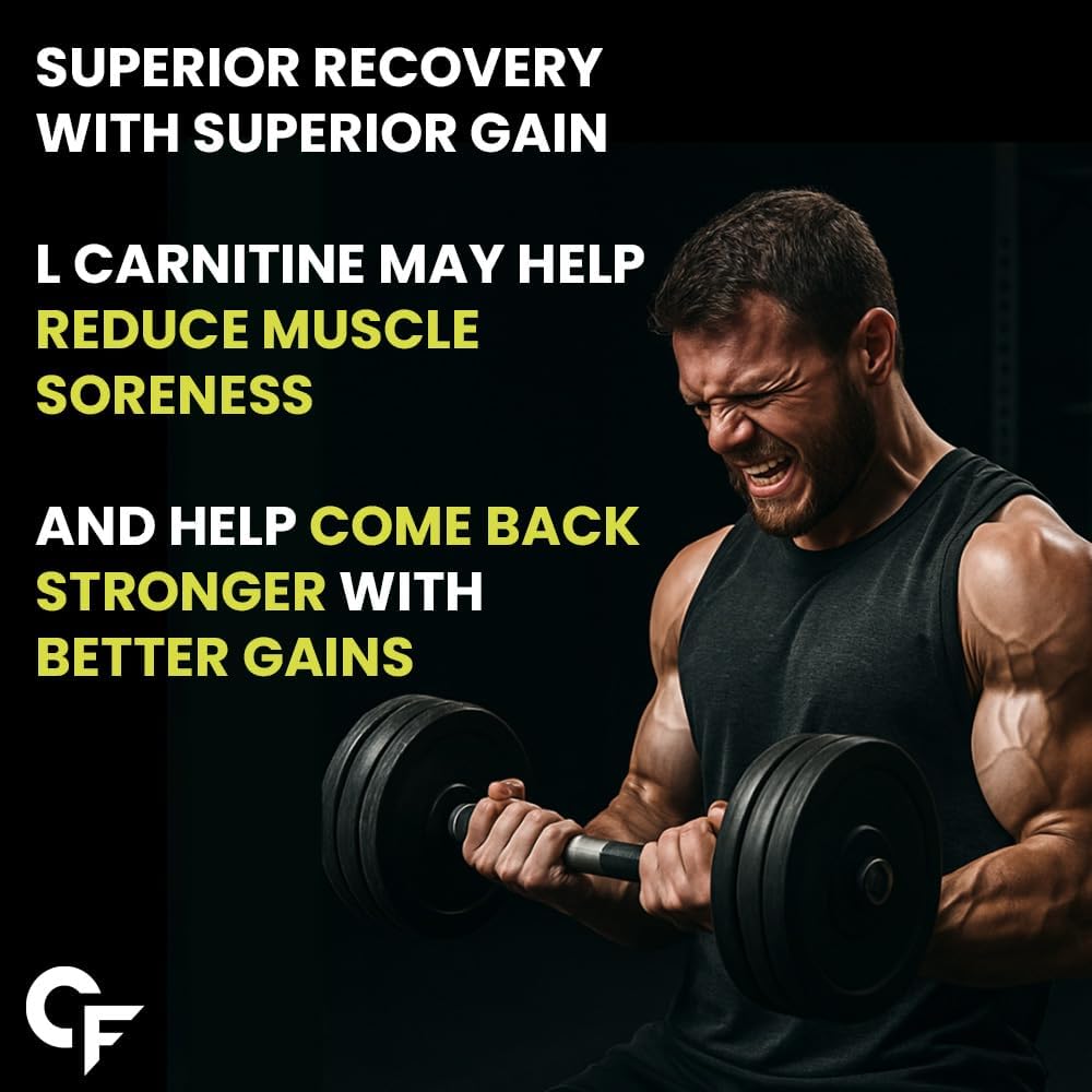 Man lifting weights with text about L Carnitine benefits on a black background