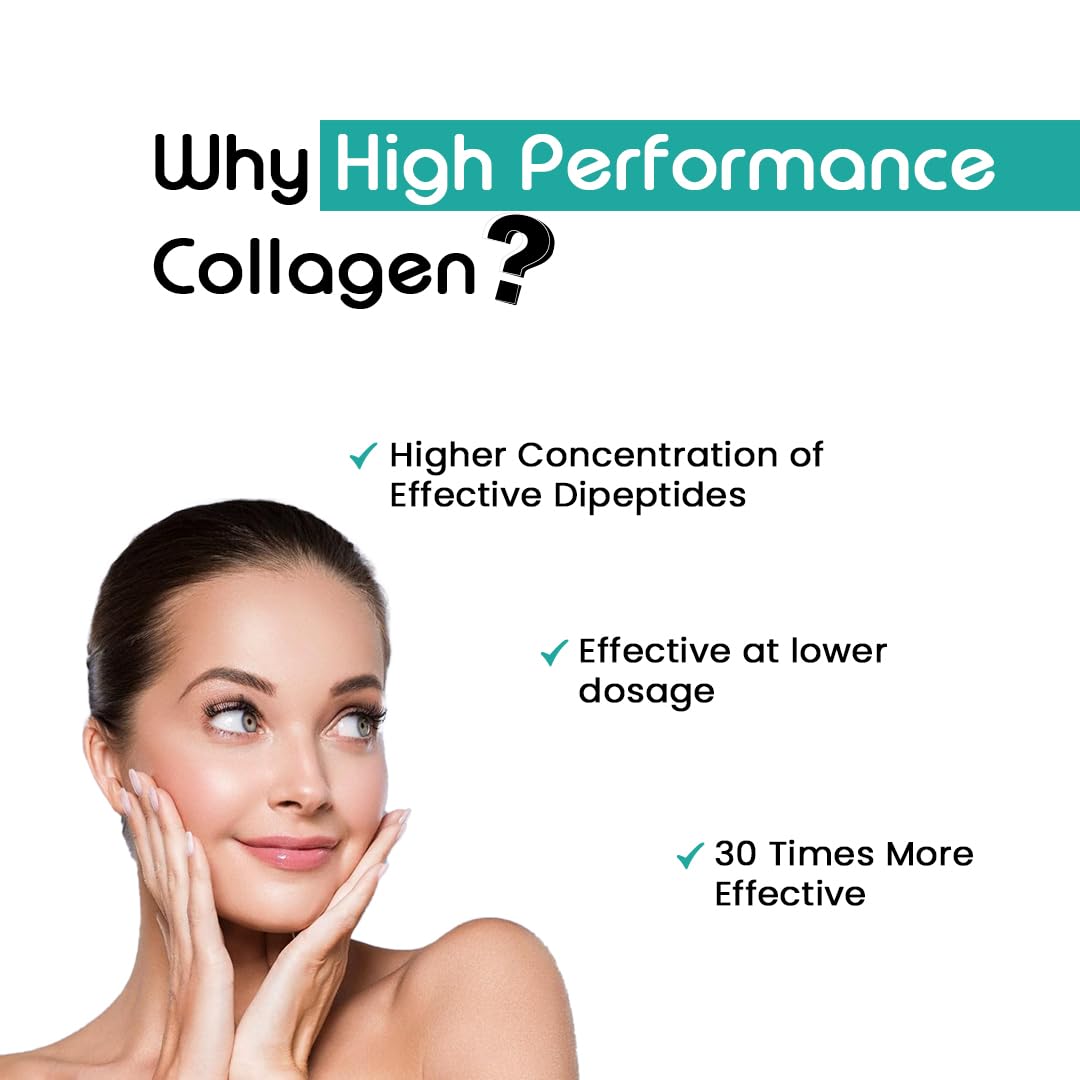 Advertisement for high performance collagen with a woman's face and text highlighting benefits.