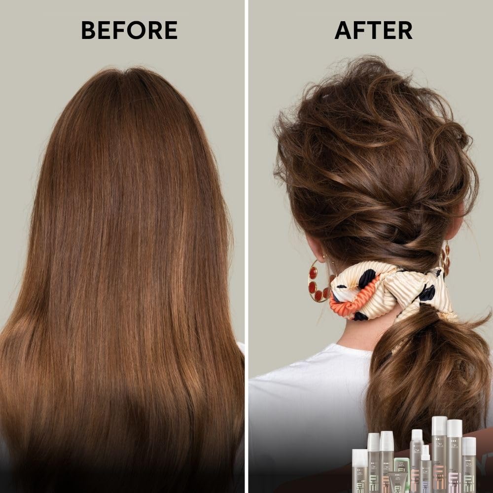 Before and after comparison of hair transformation with hair products displayed.